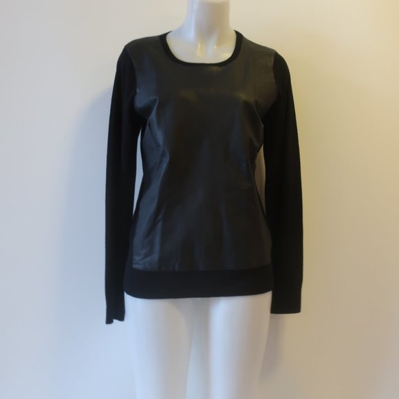 Womens DKNY Black Label Black Mixed Media Wool Leather Sweater M * - Picture 1 of 10